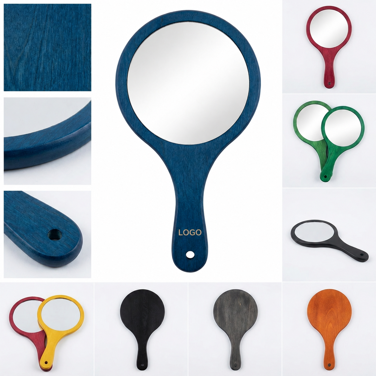 Oversized Handheld Mirror with Wood-Grain Texture and Ergonomic Handle