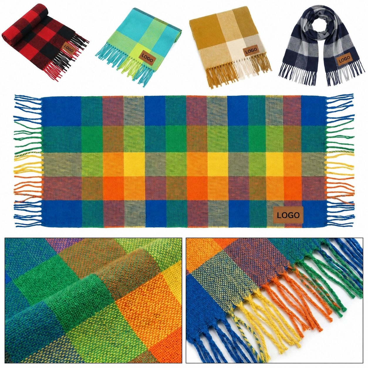 Oversized Checkered Tassel Wrap Scarf with Branding Patch