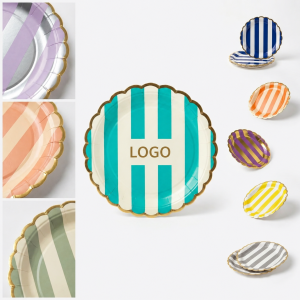 Premium Scalloped Stripe Disposable Paper Plates with Gold Foil Trim